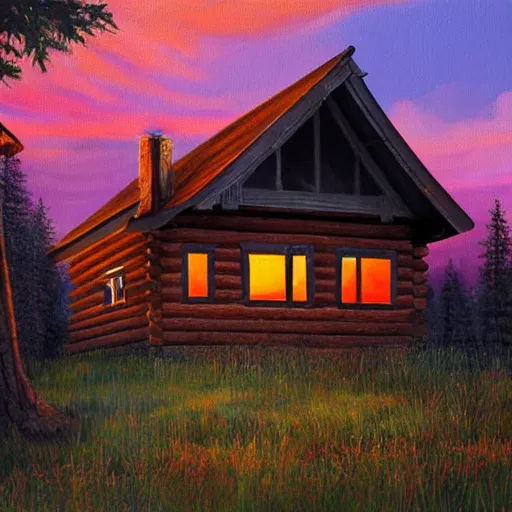 Prompt: A majestic cabin in the woods at sunset Acrylic Painting, Detailed, Volumetric Lighting, Matte Finish