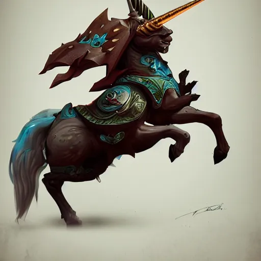 Image similar to a unicorn in a knights plate - armor, style of peter mohrbacher, unreal engine, octane render