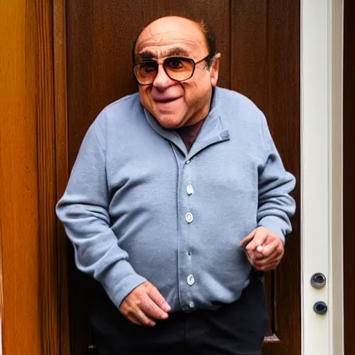 Prompt: doorbell camera footage of danny devito, night shot, 4 k