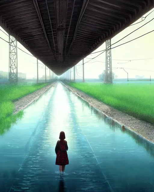 Prompt: photo of girl walking along submerged train tracks reflective water toward a station in the distance, wide horizon, large white clouds, intricate, elegant, highly detailed, digital painting, artstation, concept art, smooth, sharp focus, illustration, art by artgerm and greg rutkowski and fra angelico