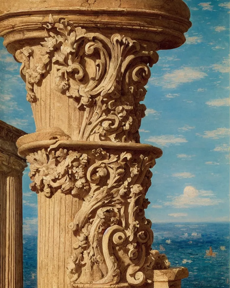 Image similar to achingly beautiful painting of intricate ancient roman corinthian capital on coral background by rene magritte, monet, and turner. giovanni battista piranesi.