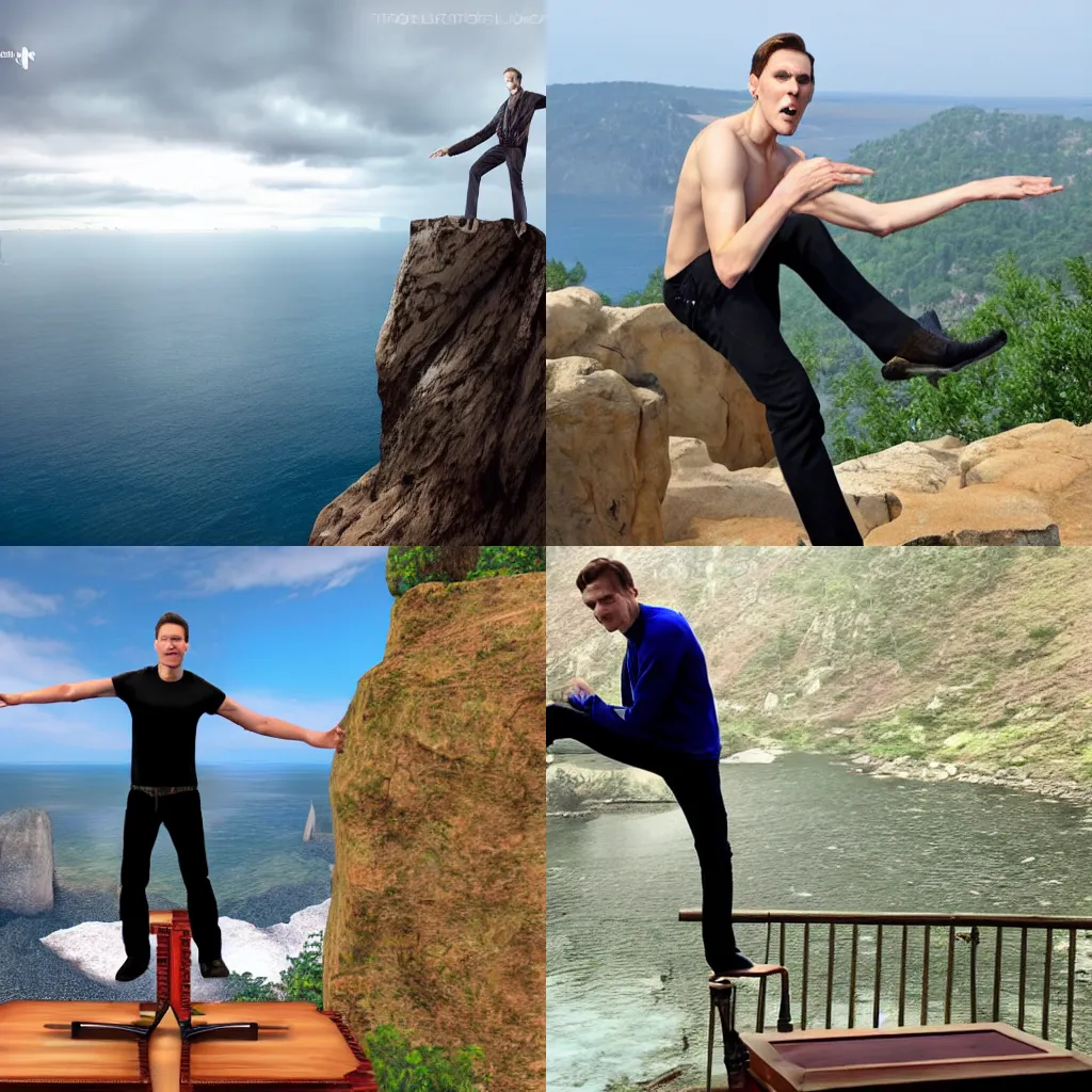 Prompt: jerma balancing on a chair at the edge of a cliff