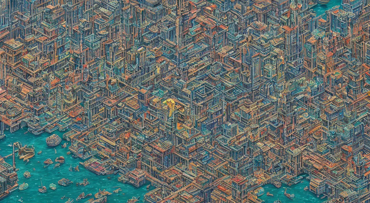 Prompt: a Stunning 3d painting of A Great cyberpunk city on the sea by Annibale Siconolfi,Retro colour,hyper detailed,Kowloon Walled City,8K Resolution