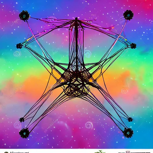 Image similar to fractal strandbeest wandering through colorful nebulas on the fringes of the edge of realitys rainbow, illustration with colors that pop