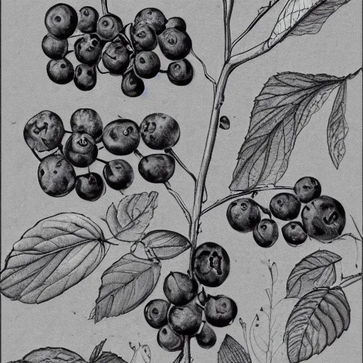 Image similar to horizontal botanical drawing of blueberry bushes. Traditional art. Rustic. Nordic. 4K. Trending on artstation. Bushy. Nature. Artistic.