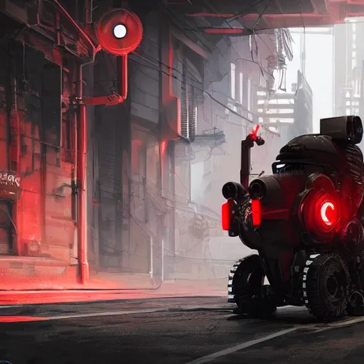 Prompt: panorama industrial military robot on a sci-fi military style motocycle, wearing bullet-riddled armor, glowing red eyes, wearing brutalist art deco industrial cyberpunk alley, dynamic dramatic dark moody lighting,shadows,cinematic atmosphere,Artstation, hyperrealistic 3D digital art,Octane render,8K 4K UHD image