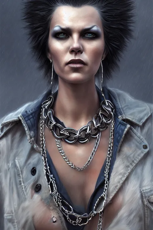 Image similar to fullbody potrait of punk rocker woman in street, woman is wearing chains, hyper realistic, intricate, elegant, highly detailed, digital painting, artstation, concept art, matte, sharp focus art by boris vallejo and greg rutkowski, smooth, sharp focus, illustration