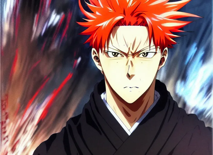 Prompt: a anime portrait of a man with flaming hair, close up, jujutsu kaisen!! finely detailed features, sharp focus, perfect art, scenic background, intricate, anime, illustration, artstation, trending on pixiv fanbox, painted by studio ghibli, yoji shinkawa, mappa