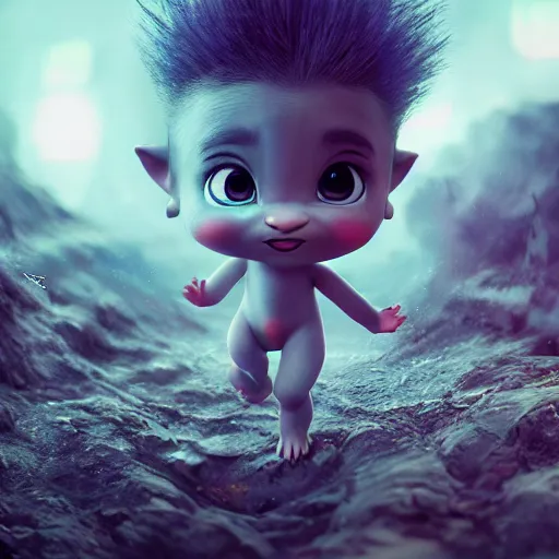 Image similar to full body pose, hyperrealistic photograph of a cute baby avatar creature, dim volumetric lighting, 8 k, octane beautifully detailed render, extremely hyper detailed, intricate, epic composition, cinematic lighting, masterpiece, trending on artstation, very very detailed, stunning, hdr, smooth, sharp focus, high resolution, award, winning photo, dslr, 5 0 mm