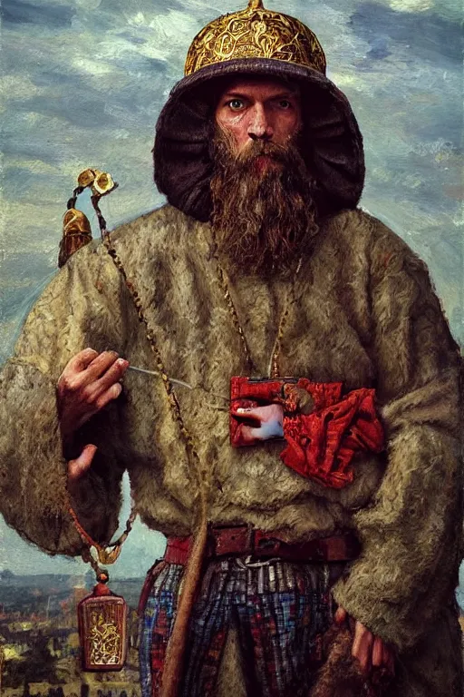Prompt: slavic dog head man builds the roof, woolen torso in medieval clothes, orthodox saint christopher, oil painting, painting by viktor vasnetsov, concept art, hyperrealism, beautiful, high resolution, trending on artstation,