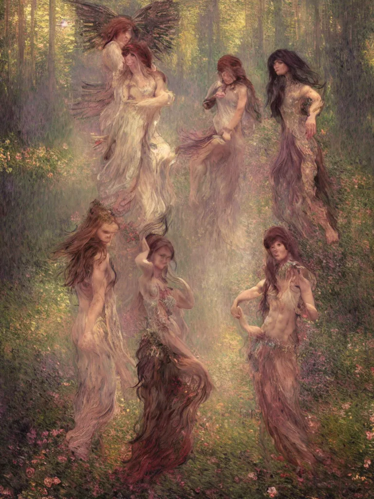 Prompt: illustration studio portrait of three dark beautiful seraphim female energy dancing in artistic poses in a coven at the forest, a big firepit emerges, monet painterly motives and textures pattern, hyper detailed, octane render, vivid colors, artstation, by jeremy mann, by alphonse mucha, by monet