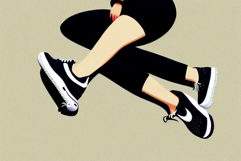 Prompt: a ultradetailed painting of a stylish woman laying on the ground, she is wearing nike air force 1 sneakers, by ilya kuvshinov, trending on artstation