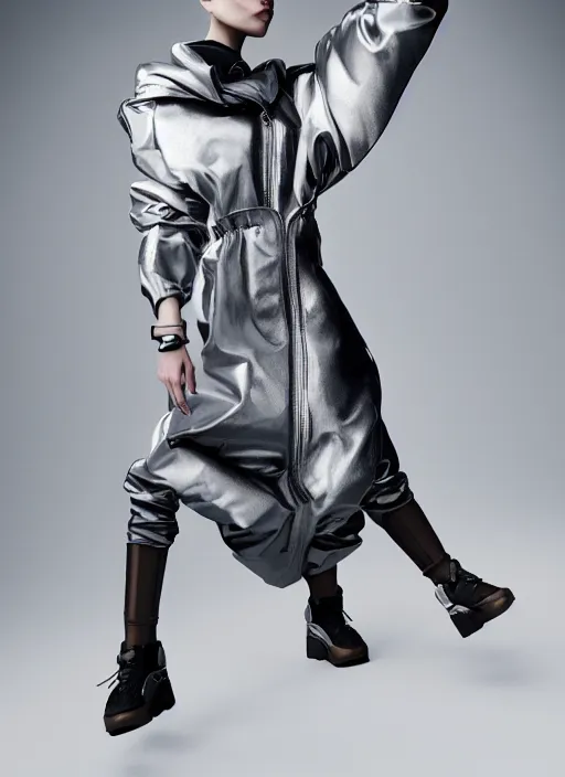 Image similar to an octane render realistic portrait by nick knight of a russian girl detailed features wearing a cargo wedding dress - sporty, sleek, tech utility - chic trend. lots of zippers, pockets, synthetic materials, jumpsuits chic'techno fashion trend by issey miyake and balenciaga