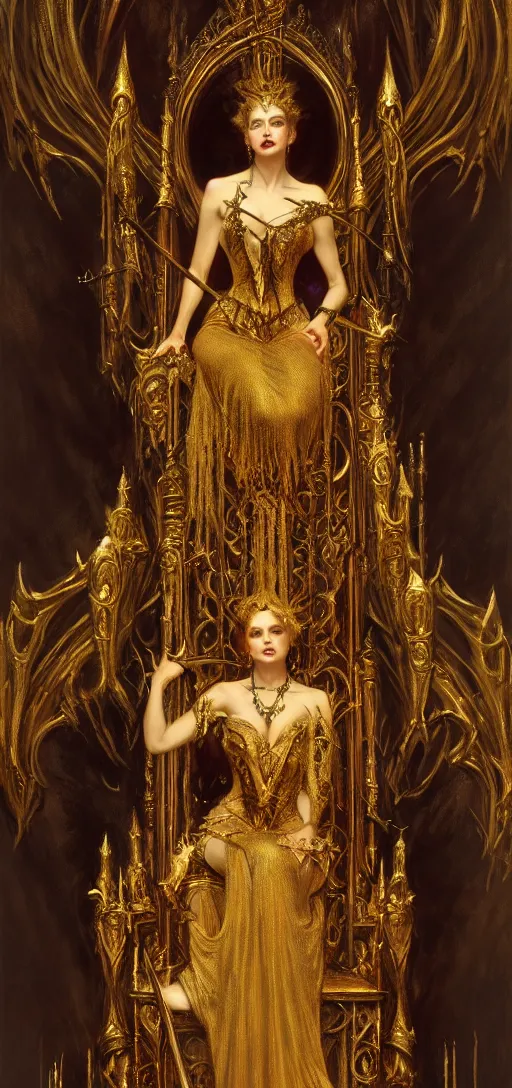 Prompt: full body portrait of beautiful vampire queen in gold gothic robes sitting on a throne of bones, elegant, highly detailed painting by gaston bussiere, craig mullins, j. c. leyendecker, 8 k, mid shot