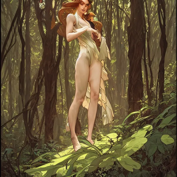 Image similar to lena oxton in a forest by artgerm, greg rutkowski, alphonse mucha