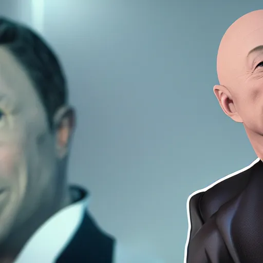 Image similar to photo realistic, uncanny valley, hyper realistic, 8 k, octane render, vray, portrait of a very wrinkly elon musk wearing a flabby jeff bezos skin suit, dead shiny black shark eyes saggy skin, melted face, entire head, bald