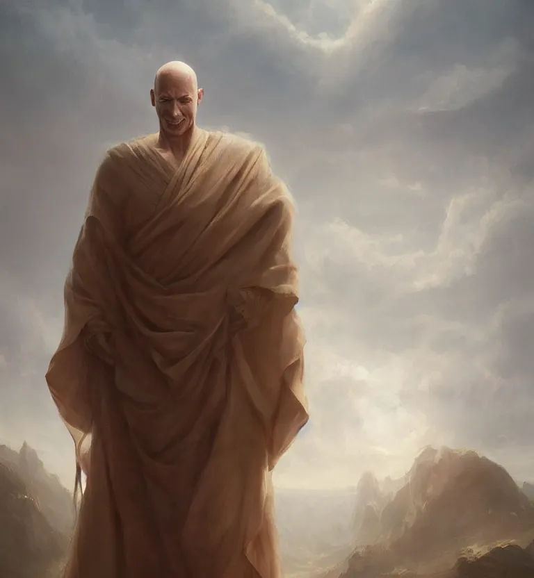 Image similar to symmetric painting of a bald tall tan man with elongated ears wearing a flowing robe overlooking the earth, nature, eyes closed, greg rutkowski, lacoste, raphael, ruan jia, trending on artstation, detailed digital art