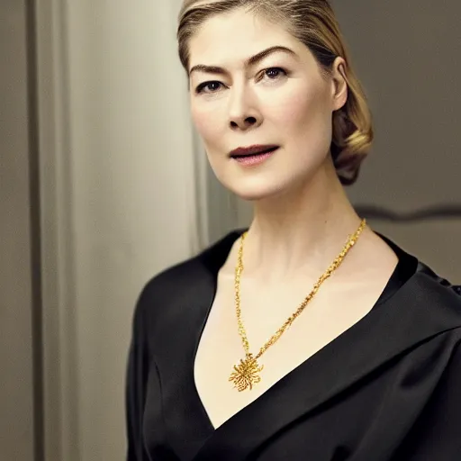 Image similar to rosamund pike wearing black robe and golden necklace cinematic photoshoot high quality highly affordable photo realistic 8 k hd