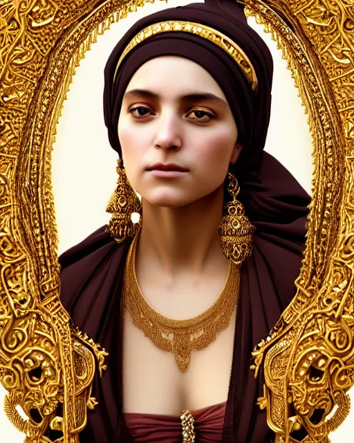 Image similar to photo of a gorgeous young bedouin woman wearing elaborate heavy baroque jewelry and headgear and rococo ornaments in the style of stefan kostic, realistic, sharp focus, symmetric, 8k high definition, insanely detailed, intricate, elegant, art by stanley lau and artgerm, William-Adolphe Bouguereau