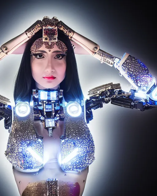 Prompt: 3 / 4 portrait photo of belly dancer as a mecha humanoid robotic head shoulder parts with straight bright led lights, inside white room, ultra - realistic and detailed, shallow depth of field 8 k