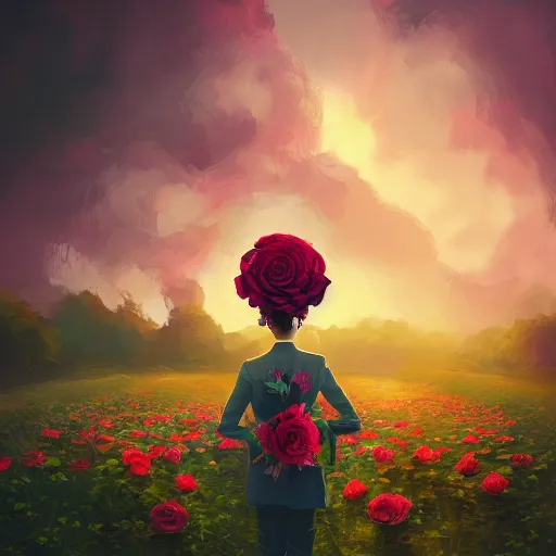 Image similar to giant rose flower head, frontal, girl in a suit, surreal photography, sunrise, dramatic light, impressionist painting, digital painting, artstation, simon stalenhag