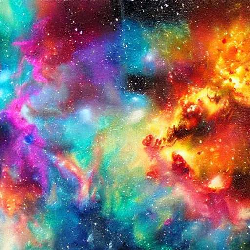 Image similar to an oil painting of a colorful nebulae, digital art