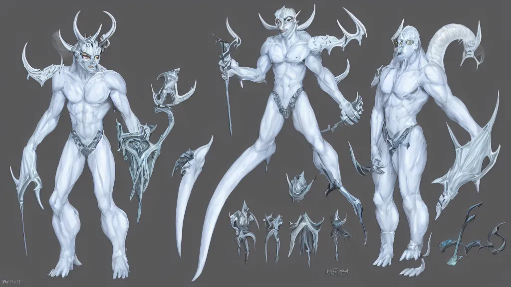 Prompt: a fantasy white and pale blue draconian demon with bright eyes character design sheet, trending on artstation