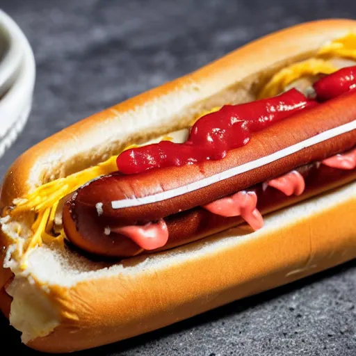 Prompt: a hotdog with just mustard and garnish on it