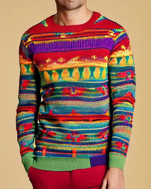 Image similar to new colorful coogi sweater with intricate woven patterns