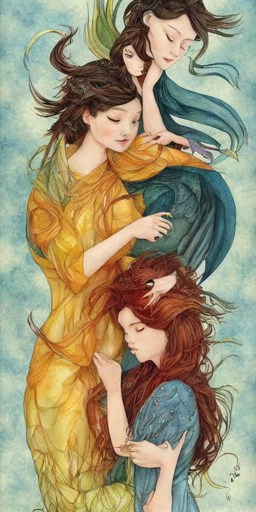 Image similar to greeting card, love, 2 beautiful dragons, by tran nguyen, warm colors, cozy