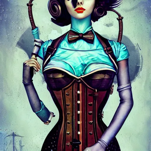 Image similar to lofi underwater bioshock steampunk portrait, wearing corset, Pixar style, by Tristan Eaton Stanley Artgerm and Tom Bagshaw.