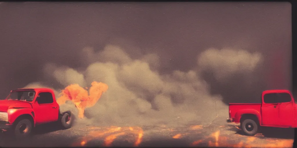 Image similar to polaroid photo of a red truck on fire, big smoke clouds, at night, stars visible in the sky, slight color bleed