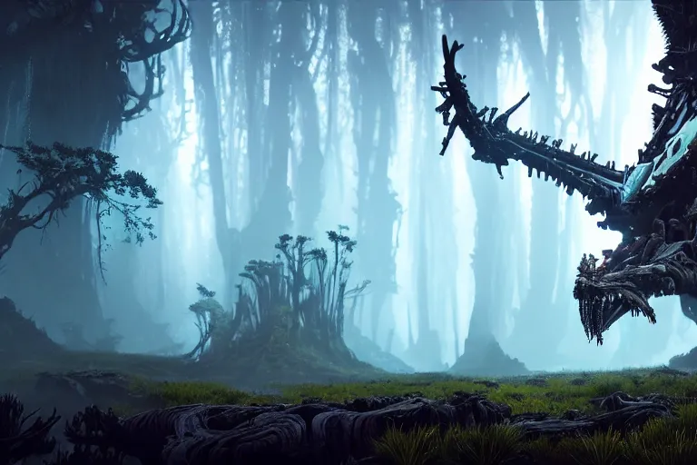 Image similar to wide epic shot from horizon forbidden west. a hyper detailed organic mechanic creatuve realistic similar look as horizon forbidden west horizon zero dawn, bioluminiscence in a dark deep forest at dawn in spring, with reflection and textures, by kilian eng, substance painter reaslitic mech surface metal painted scratches, world env from horizon forbidden west horizon zero dawn