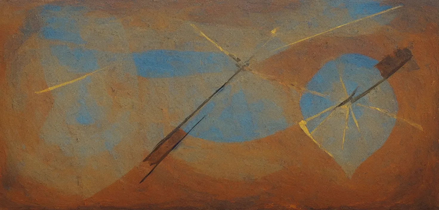 Prompt: painting of a giant sundial in the middle of the desert at the centre of a lake, small elongated planes, representation with abstraction, frenetic oil painting, values as flat shapes