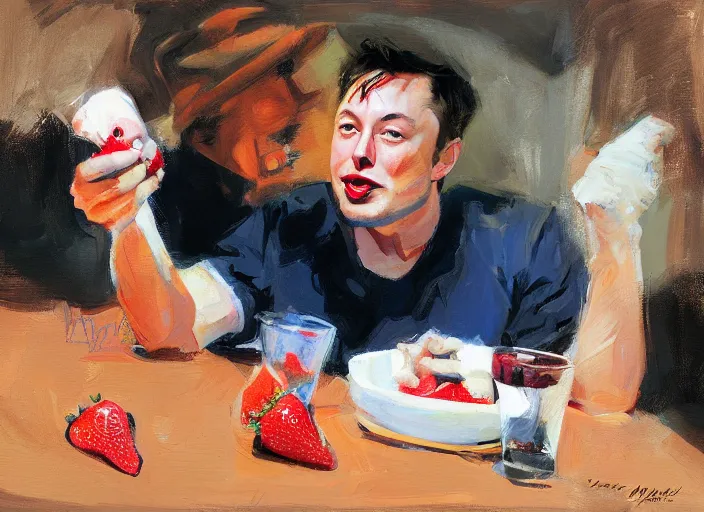 Prompt: a highly detailed beautiful portrait of elon musk eating strawberry by gregory manchess, james gurney, james jean