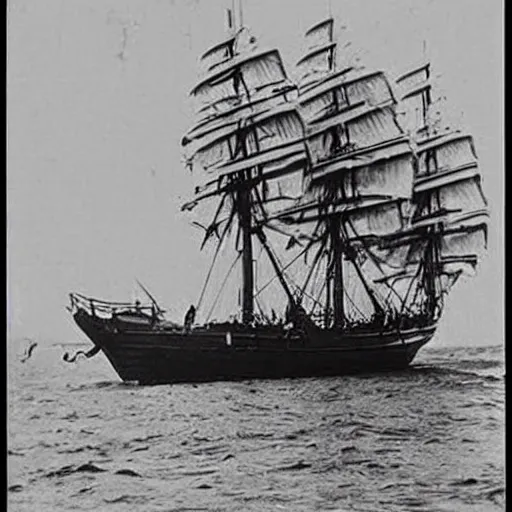 Image similar to an impossibly huge pirate ship that's also a skull. 1910s photograph