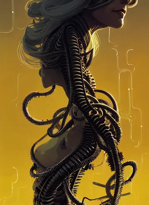 Prompt: highly detailed portrait of a biomechanical long curly white hair tribal lady, stray wiring by atey ghailan, james gilleard, by joe fenton, by greg rutkowski, by greg tocchini, by kaethe butcher, 4 k resolution, gradient yellow, black and white color scheme!!! ( ( dystopian robotic tessellating pyramid pouring sandfall background ) )
