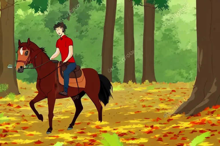 Image similar to attractive man riding a horse in the woods with falling red leaves, ghibli style