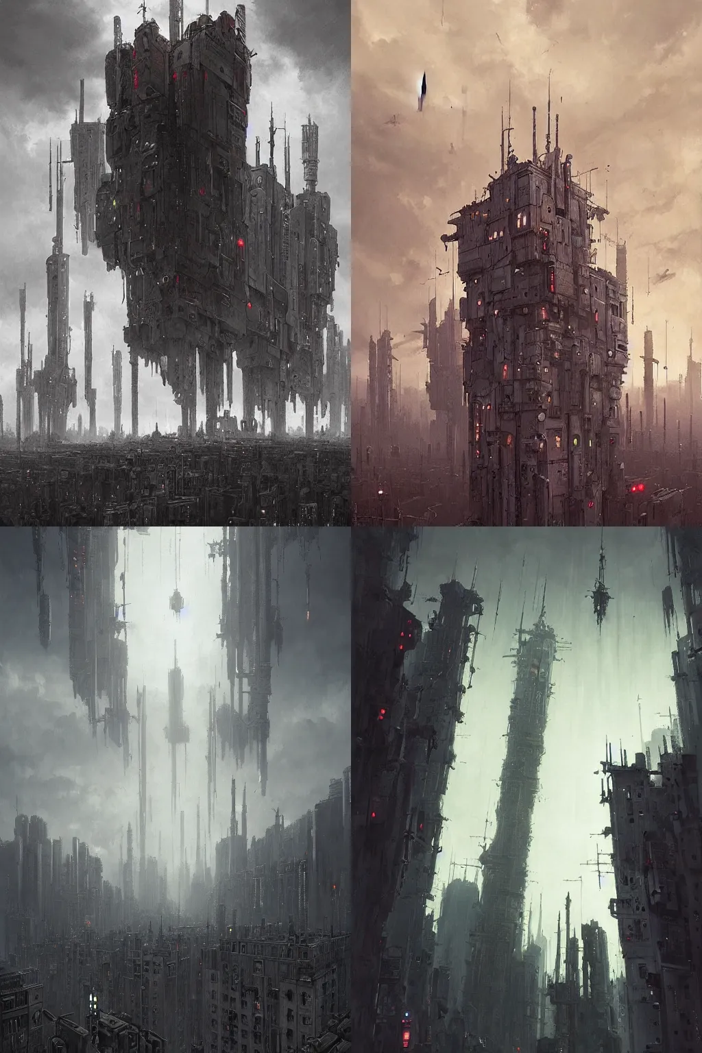 Prompt: cyberpunk citadel pierces the sky by Jakub Rozalski, style of John Kenn Mortensen