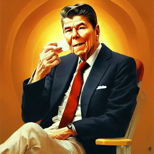 Prompt: Ronald Reagan pondering nuclear destruction over a sugar free werthers, highly detailed, digital painting, artstation, concept art, smooth, sharp focus, illustration, art by artgerm and greg rutkowski and alphonse mucha and loish and WLOP