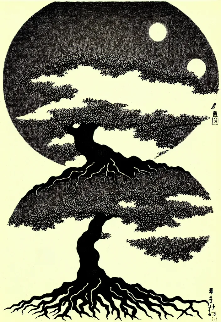 Prompt: prompt: white Bonsai tree roots merging into big moon drawn by Rene Magritte, Japanese woodblock print style, clean ink detailed line drawing, intricate detail, manga 1990