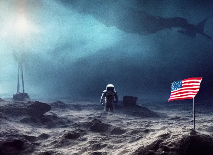 Image similar to astronaut holding a flag in an underwater desert. a submarine is visible in the distance. dark, concept art, cinematic, dramatic, atmospheric, 8 k, trending on artstation, blue, fish, low visibility, fog, ocean floor, christopher nolan, interstellar