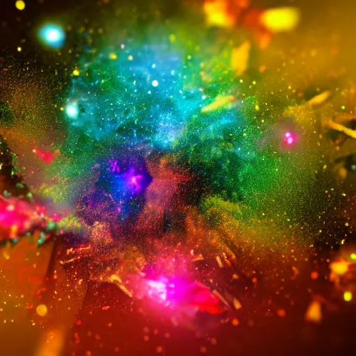 Image similar to colorful fragmented nebula explosion, dust particles, bokeh, iridescent jagged crystal fragmentation, elaborate detail, tilt-shift macro lens, lens flare, rendered in octane, visual effects, x-particles, redshift, cinematic, 8k render