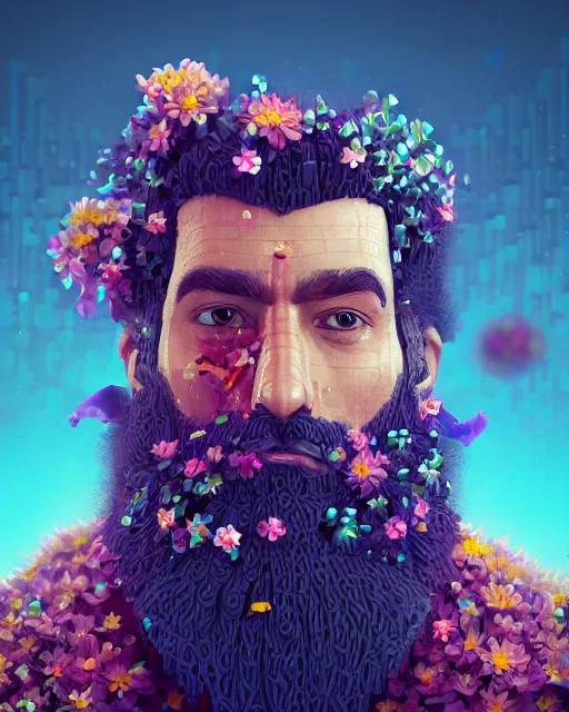 Image similar to a realistic ultradetailed digital painting of a man with flowers in his beard, profile, sharp detail, cyberpunk art by beeple, behance contest winner, retrofuturism, voxel art, # pixelart, dystopian art