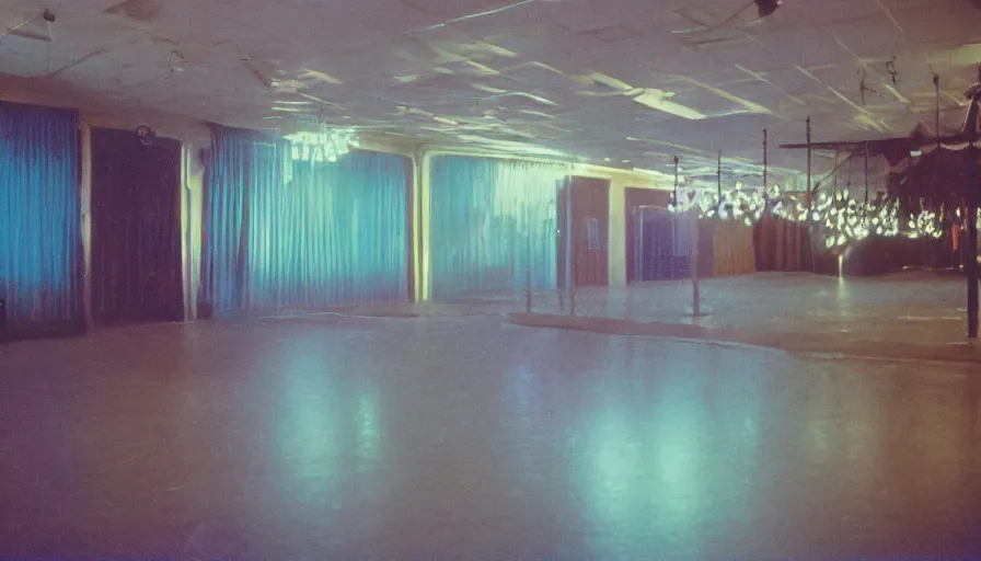 Image similar to 70s movie still of liminal space ballroom , cinestill 800t Technicolor, heavy grain, high quality, criterion collection