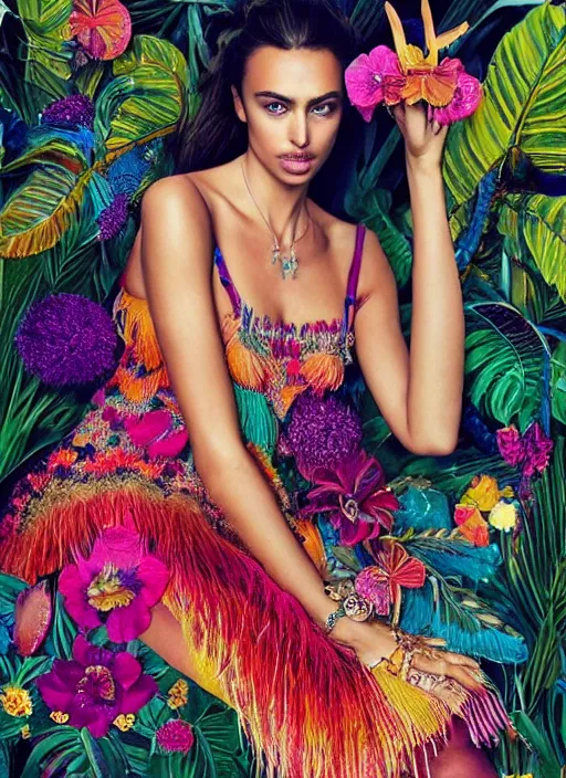 Image similar to beautiful portrait of Irina Shayk wearing fantastic Hand-dyed cotton dress,embellished beaded feather decorative fringe knots ,colorful pigtail,subtropical flowers and plants,symmetrical face,intricate,elegant,highly detailed,8k,post-processing,digital painting,trending on pinterest,harper's bazaar,GUCCI,PRADA,concept art, sharp focus, illustration, by artgerm,Tom Bagshaw,Lawrence Alma-Tadema,greg rutkowski,alphonse Mucha