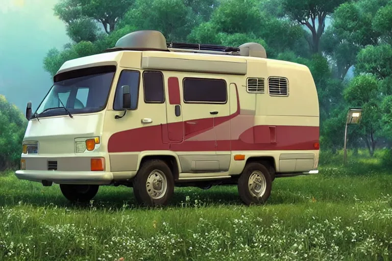 Prompt: a wholesome animation key shot of!! one!! focused! 1 9 9 4 fiat hymer motorhome! in the romanian countryside, medium shot, studio ghibli, ( ( pixar ) ) and disney animation, sharp, very detailed, high resolution, rendered in unreal engine 5, anime key art by greg rutkowski, bloom, dramatic lighting