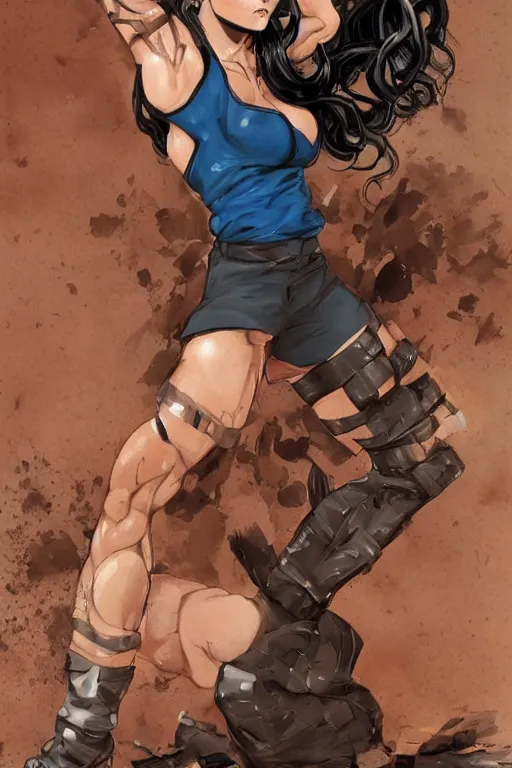 Image similar to a hyper muscular woman, bronze - skinned, blue - eyes, wearing a black cropped tank top, military pants, brown boots, wrapped arms, wavy big red hair, 8 0's hairstyle, tiger spots over the face, red lips, action pose, art by tetsuo hara, trending on art station, illustration, action scene, full body