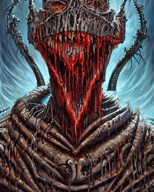 Image similar to charred bloody fleshmetal cyborg daemonhost of tzeentch, by antonio j. manzanedo, giger, alex grey, android jones, wayne barlowe, philippe druillet, raymond swanland, cyril rolando, josephine wall, harumi hironaka, cronenburg, trending on artstation