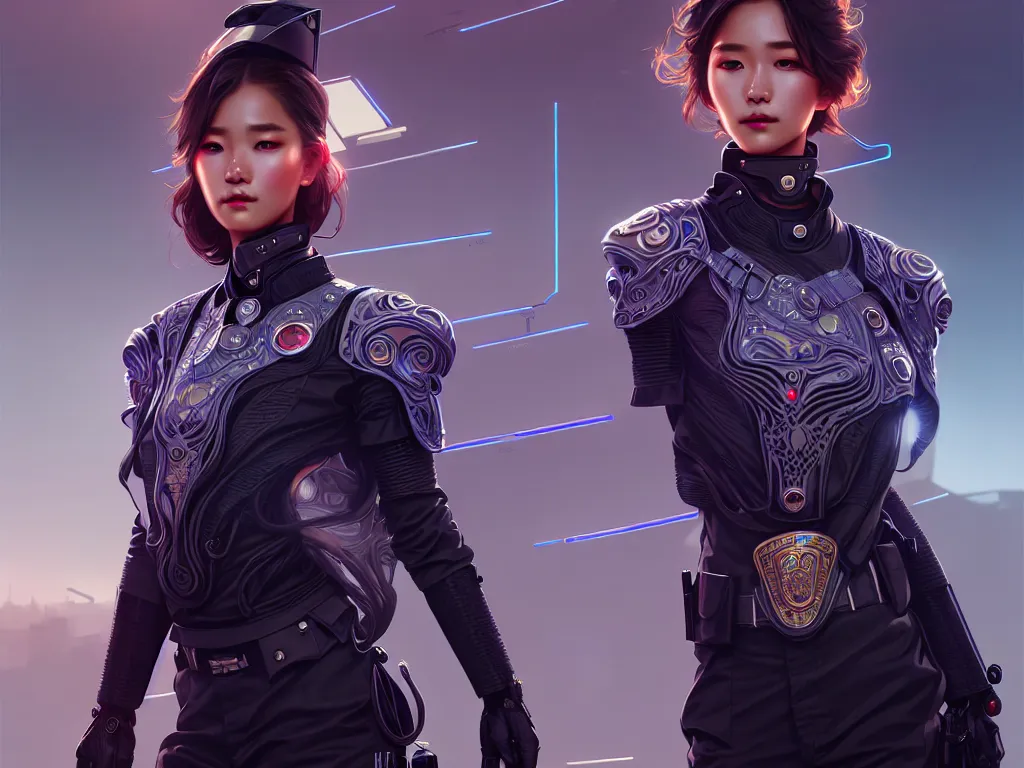 Image similar to portrait futuristic thiland police uniform female, at future neon light rooftop, ssci - fi and fantasy, intricate and very very beautiful and elegant, highly detailed, digital painting, artstation, concept art, smooth and sharp focus, illustration, art by tan zi and ayanamikodon and alphonse mucha and wlop